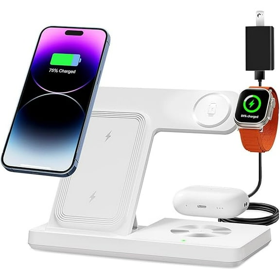 Saluqifa Wireless Charger, 3 in 1 Charging Station for Multi Devices, Charging Stand Dock for iPhone 8-16 Series, Apple Watch, AirPods Pro 3 2 with Adapter (White)