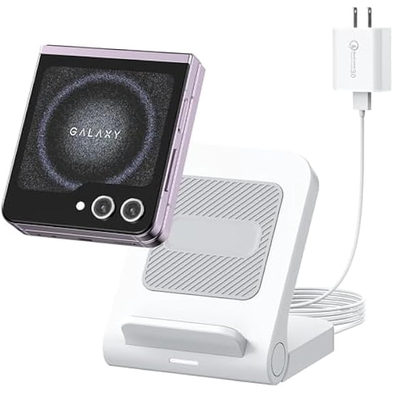 Saluqifa Wireless Charger for Samsung Galaxy Z Flip, 15W Fast Travel Wireless Charger Stand for Galaxy Z Flip6/Z Flip5/Z Flip4/Z Flip3, 5W for Motorola Razr+, Non-Fold, White(QC3.0 Adapter Included)