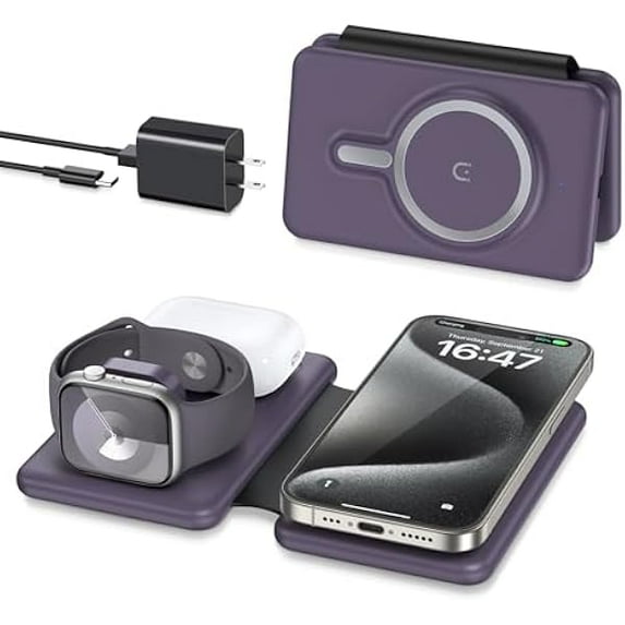 Saluqifa Wireless Charger iPhone - 3 in 1 Charging Station for Apple Devices for iPhone 16 15 14 13 12 Pro Max Plus - Foldable Magnetic Charging Pad for Apple Watch Series & Airpods Series