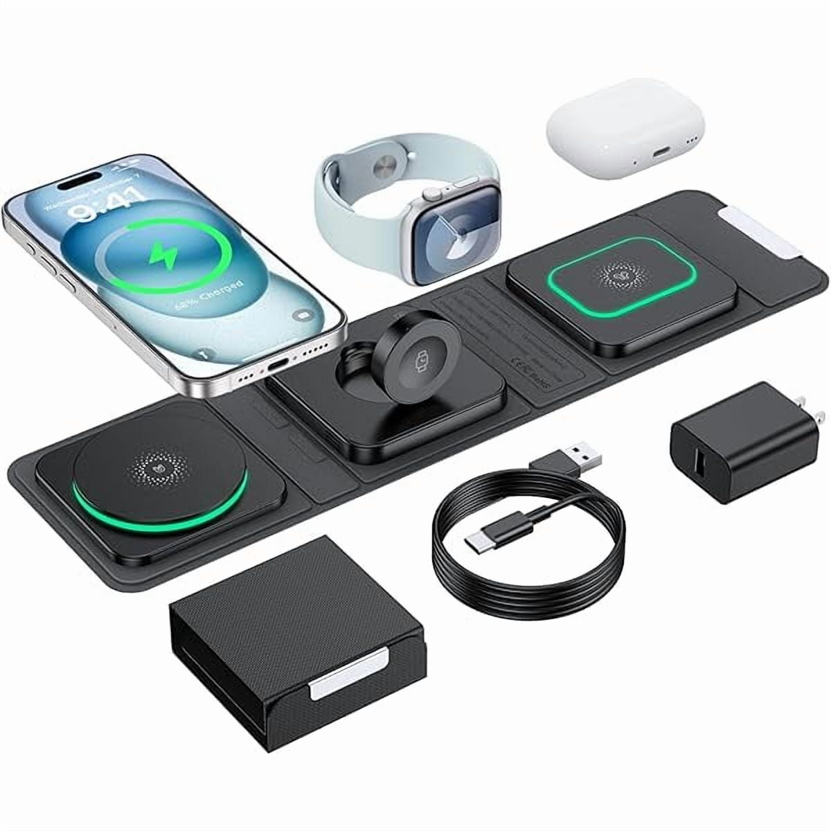Saluqifa Wireless Charger for iPhone - 3 in 1 Charging Station for Apple Multiple Devices, Foldable Magnetic Mag-Safe Travel Charging Pad for iPhone 16 15 14 13 12 Pro Max Plus iwatch Watch & Airpods
