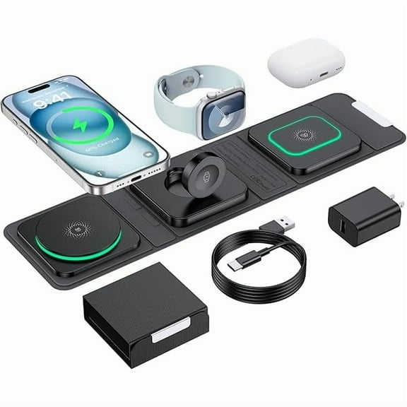 Saluqifa Wireless Charger for iPhone - 3 in 1 Charging Station for Apple Multiple Devices, Foldable Magnetic Mag-Safe Travel Charging Pad for iPhone 16 15 14 13 12 Pro Max Plus iwatch Watch & Airpods