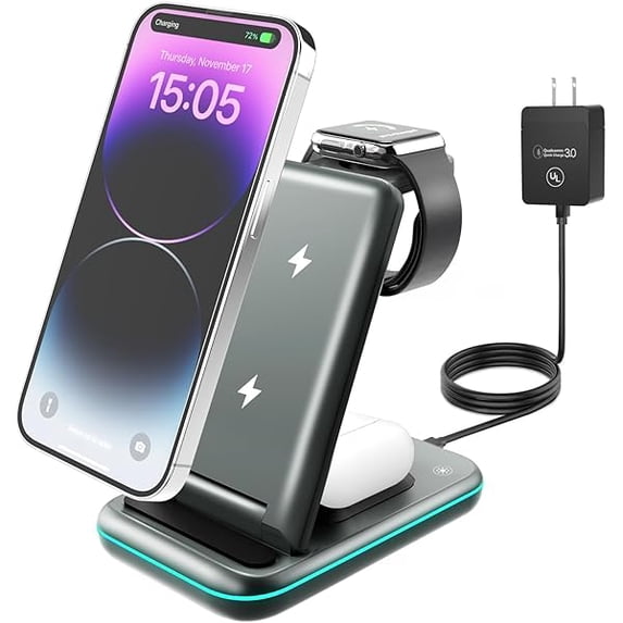 Saluqifa Wireless Charging Station, 3 in 1 Wireless Fast Charger Stand Designed for iPhone16/15/14/13/12/11/Pro/Max/XS/XR/X/Plus, for Apple Watch Ultra 8/7/6/5/4/3/2/SE, for AirPods 3/2/Pro - GunGray