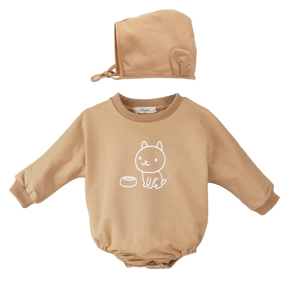 Salute Newborn Infant Unisex Baby Boys Girls Cute Puppy Long Sleeve Romper Matching Baby Hat Set Sweatshirts Onesie Clothing Sets Coffee 6-12 Months