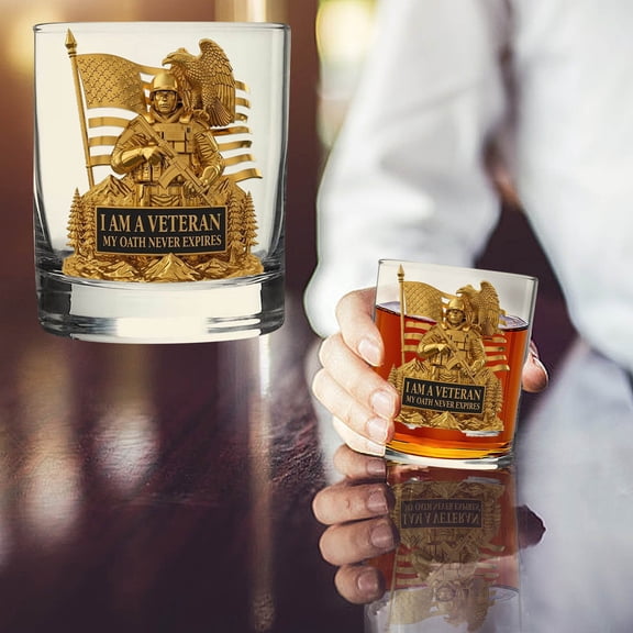Salute To Veterans Whisky Glass, American Flag Etched Design, 10oz Heavy Base Crystal, Dishwasher Safe, Patriotic Gift for Military Service Members and Veterans