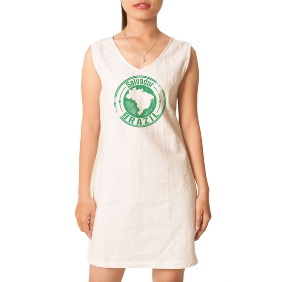 Salvador Brazil Stamp  Printed Vintage V-neck Linen Mini Shift Dress WDS_02 20