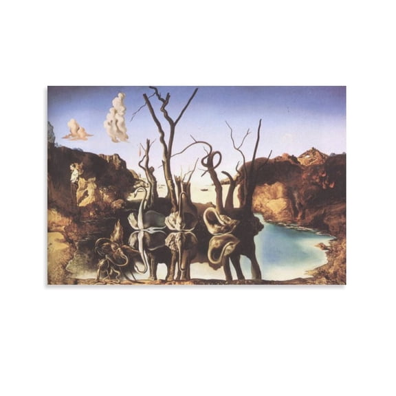 Salvador Dali Print Painting Swans Reflecting Elephants Canvas Poster Wall Art Picture Prints Hanging Photo Gift Decor Home Posters Artworks 12x18inch(30x45cm)
