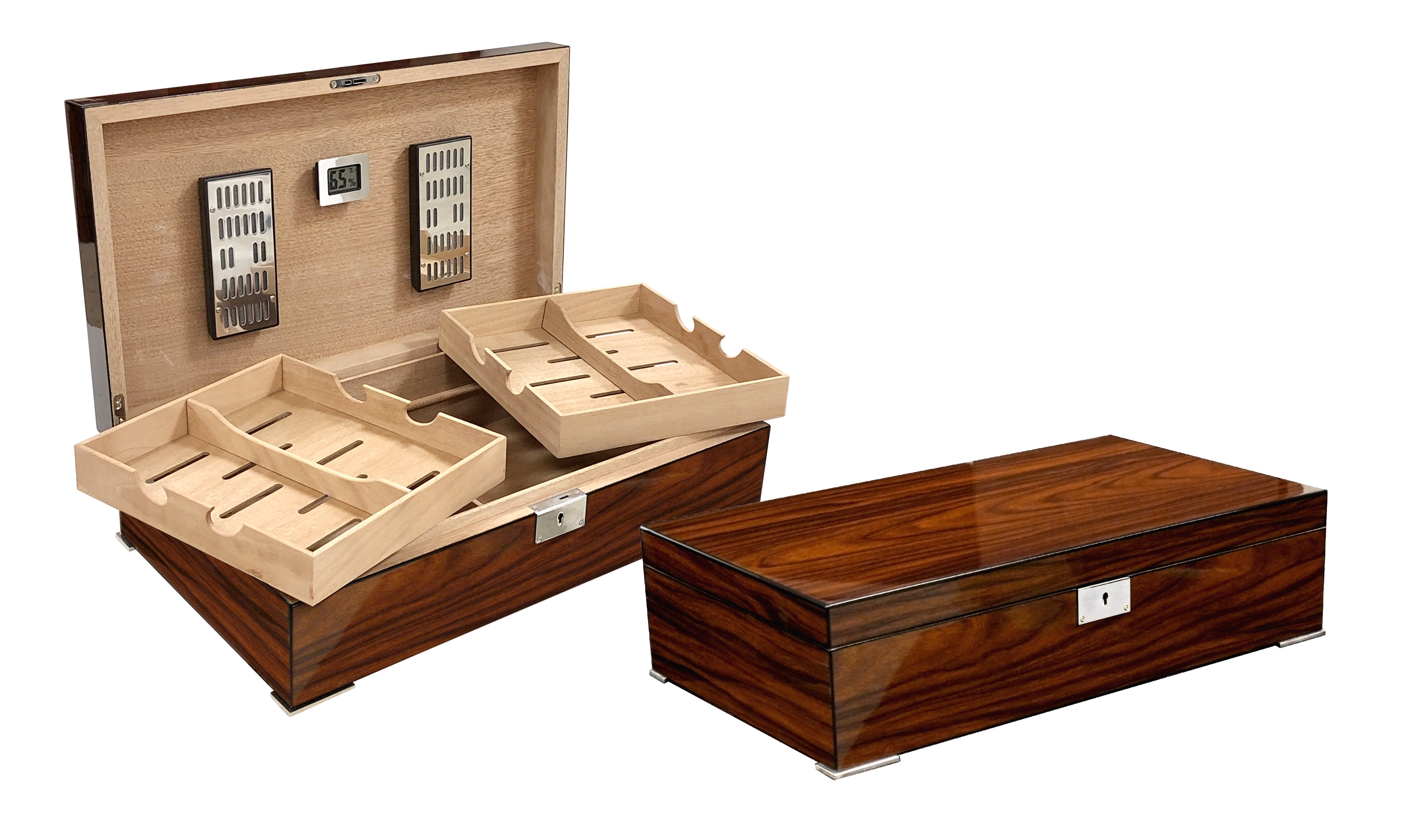 Salvador Dual Tray Desktop Cigar Humidor - High Gloss Brazilian Rosewood Finish - Capacity: 250