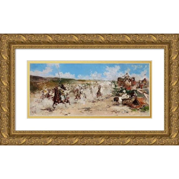 Salvador Sánchez Barbudo 18x10 Gold Ornate Wood Frame and Double Matted Museum Art Print Titled - The Game of Gunpowder (C. 1900)
