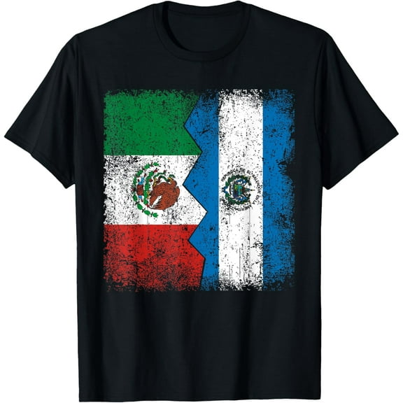 Salvadoran Roots | Half Mexican Flags | Mexico El Salvador T-ShirtMen and women, Black T-shirt, size: Extra large