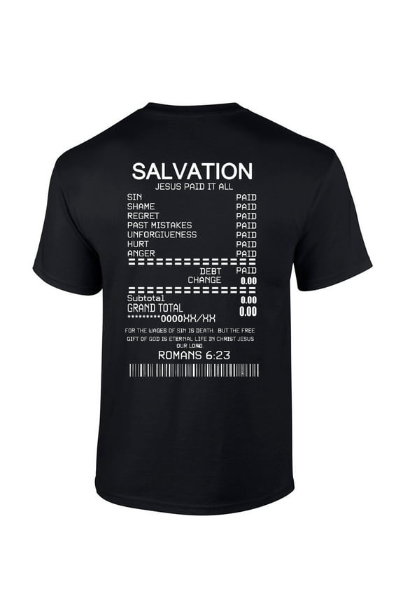 Salvation Jesus Paid It All Receipt Romans 6:23 Bible Scripture Mens Christian Tshirt Jesus Cross Short Sleeve T-shirt Graphic Tee-Black-medium