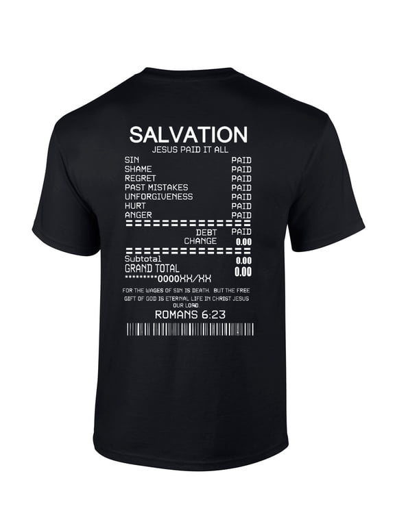 Salvation Jesus Paid It All Receipt Romans 6:23 Bible Scripture Mens Christian Tshirt Jesus Cross Short Sleeve T-shirt Graphic Tee-Black-xl