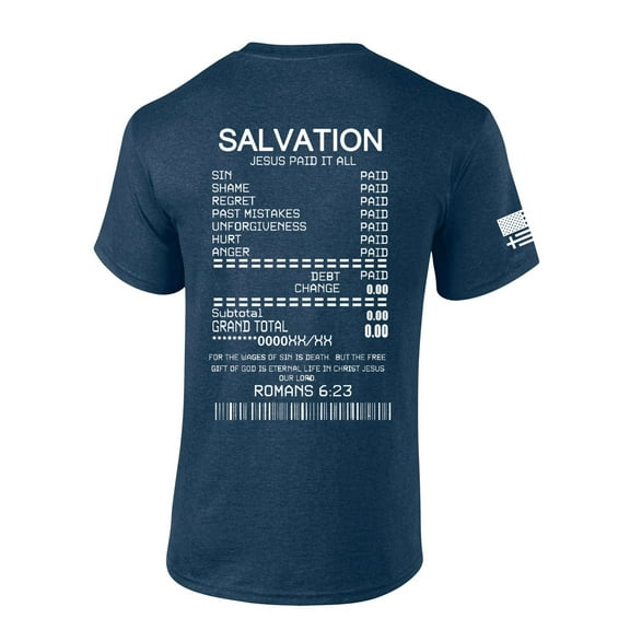 Salvation Jesus Paid It All Receipt Romans 6:23 Bible Scripture Mens Christian Tshirt Jesus Cross Short Sleeve T-shirt Graphic Tee-Heather Navy-large