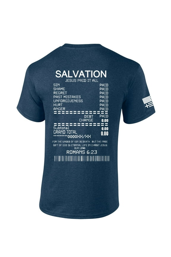 Salvation Jesus Paid It All Receipt Romans 6:23 Bible Scripture Mens Christian Tshirt Jesus Cross Short Sleeve T-shirt Graphic Tee-Heather Navy-small