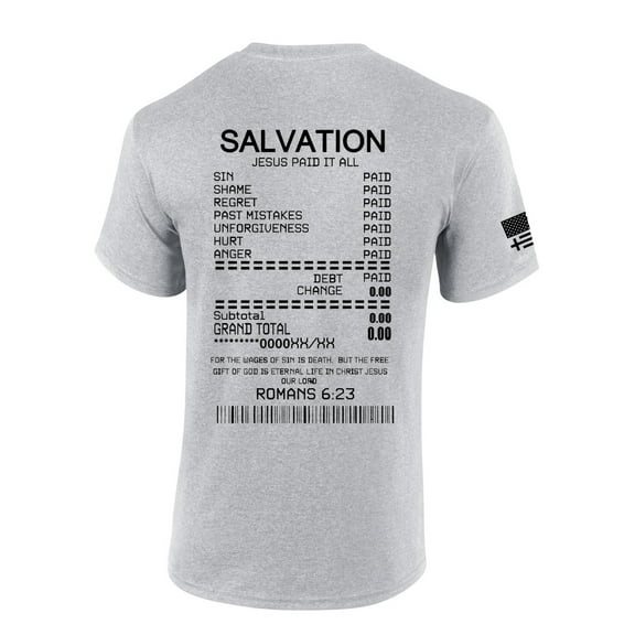 Salvation Jesus Paid It All Receipt Romans 6:23 Bible Scripture Mens Christian Tshirt Jesus Cross Short Sleeve T-shirt Graphic Tee-Sports Grey-4xl
