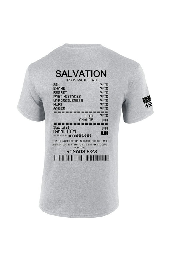 Salvation Jesus Paid It All Receipt Romans 6:23 Bible Scripture Mens Christian Tshirt Jesus Cross Short Sleeve T-shirt Graphic Tee-Sports Grey-4xl