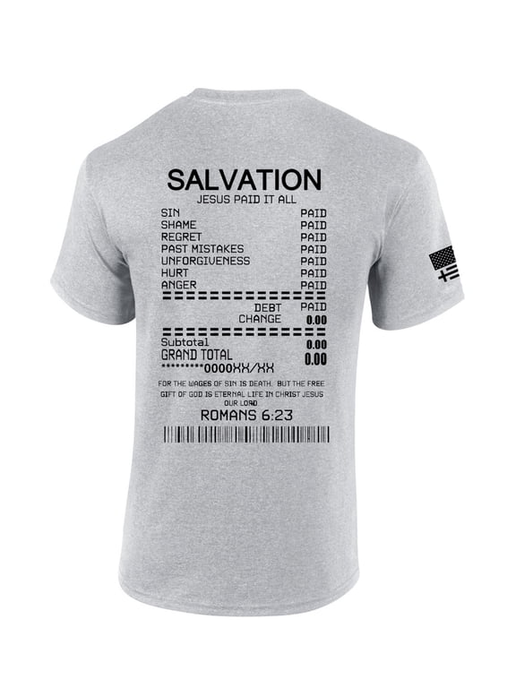 Salvation Jesus Paid It All Receipt Romans 6:23 Bible Scripture Mens Christian Tshirt Jesus Cross Short Sleeve T-shirt Graphic Tee-Sports Grey-large