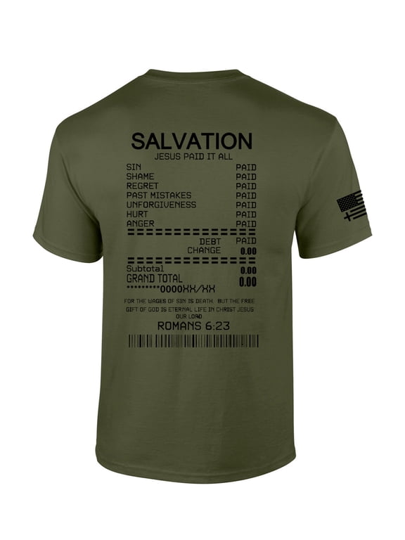 Salvation Jesus Paid It All Receipt Romans 6:23 Bible Scripture Mens Christian Tshirt Jesus Cross Short Sleeve T-shirt Graphic Tee-Military Green-large