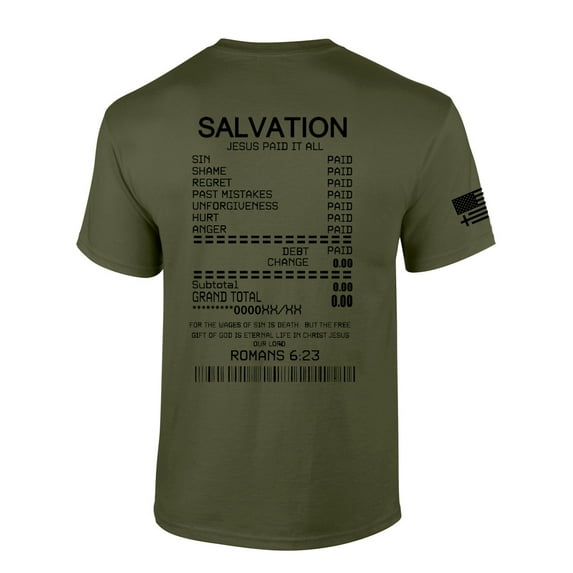 Salvation Jesus Paid It All Receipt Romans 6:23 Bible Scripture Mens Christian Tshirt Jesus Cross Short Sleeve T-shirt Graphic Tee-Military Green-xxxl
