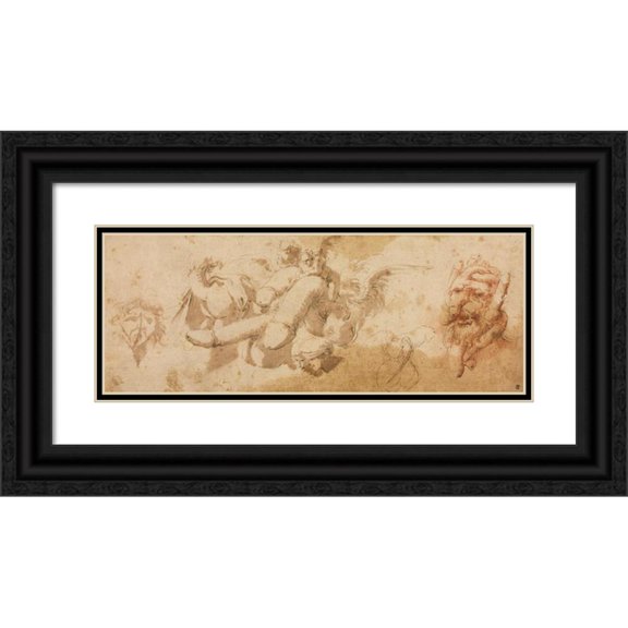 Salvator Rosa 14x8 Black Ornate Wood Framed Double Matted Museum Art Print Titled: Sheet of Satirical Studies (Amorini Riding Phalli) (C. 1650s)