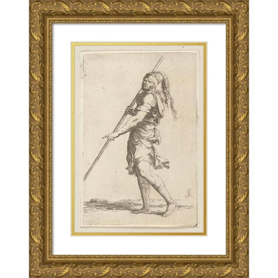 Salvator Rosa 18x24 Gold Ornate Framed and Double Matted Museum Art Print Titled - Soldier Holding a Cane with Both Hands, Walking Toward the Left (1656 - 1657)