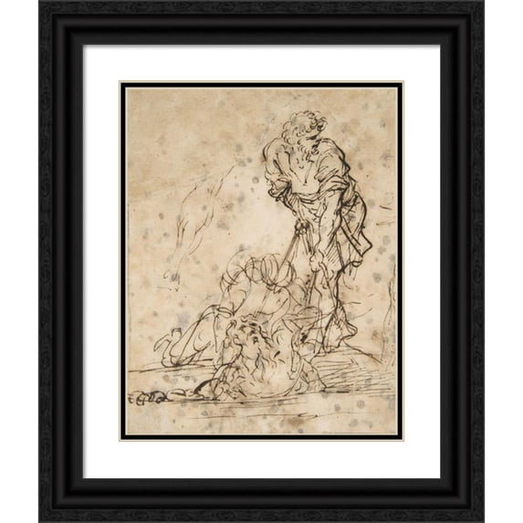 Salvator Rosa 20x24 Black Ornate Framed Double Matted Museum Art Print Titled: Studies for a Figure Lifted from a Grave or Pit by Cords. (1615-73)