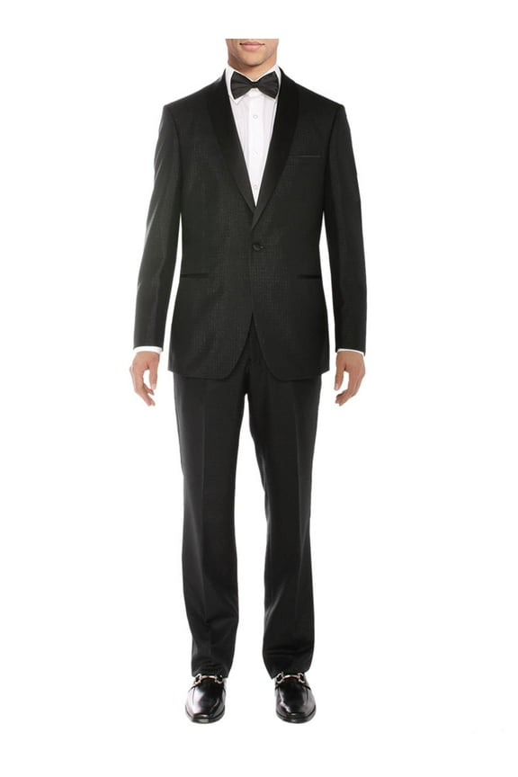 Men's One Button Tuxedo Suit Shawl Lapel Jacket Flat Front Pants Black