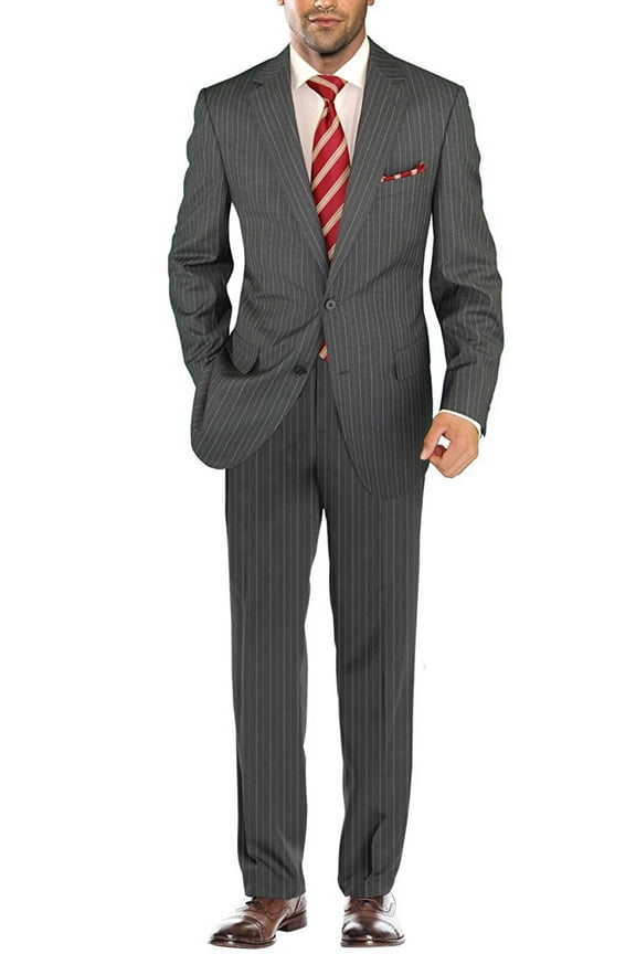 Men's Suit Modern Two Button Jacket Flat Front Pants Striped Charcoal Gray