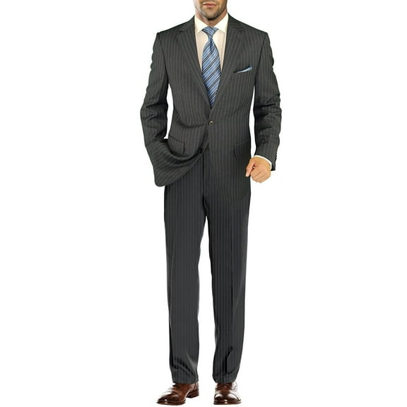 Salvatore Exte Men's Suit Modern Two Button Jacket Flat Front Pants Striped Charcoal