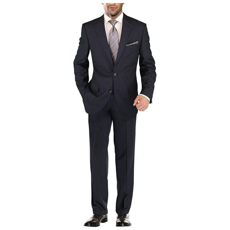 Slim Fit Men Suit 2 Button Navy Blue Notch Lapel Flat Front Pants