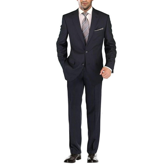 Salvatore Exte Men's Suit Modern Two Button Jacket Flat Front Pants Striped Dark Navy