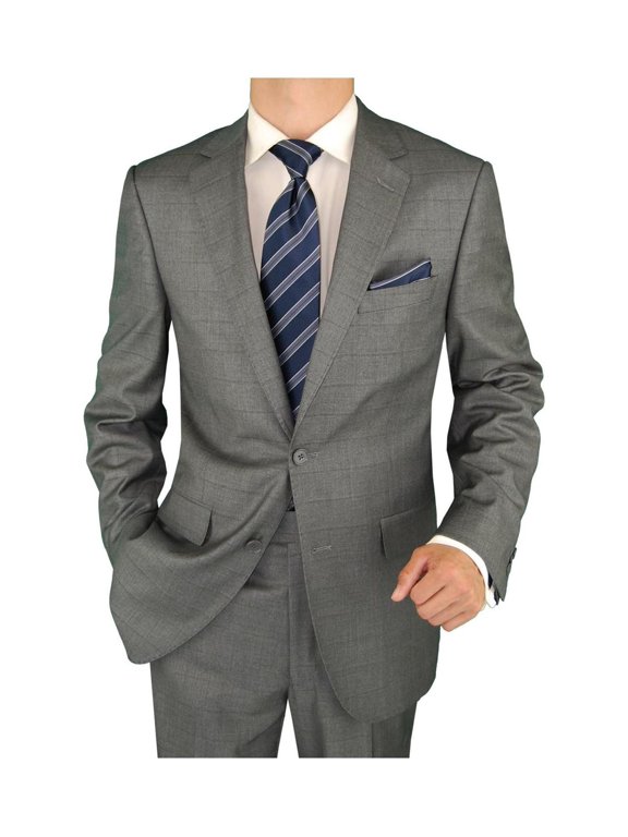 Men's Suit Two Button Blazer Plus Flat Front Pants Gray Windowpane