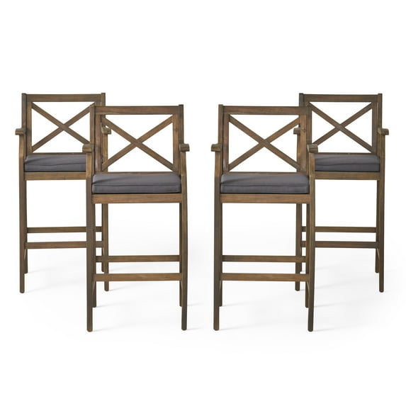Salvatore Outdoor Acacia Wood Barstools, Gray Finish and Dark Gray, Set of 4