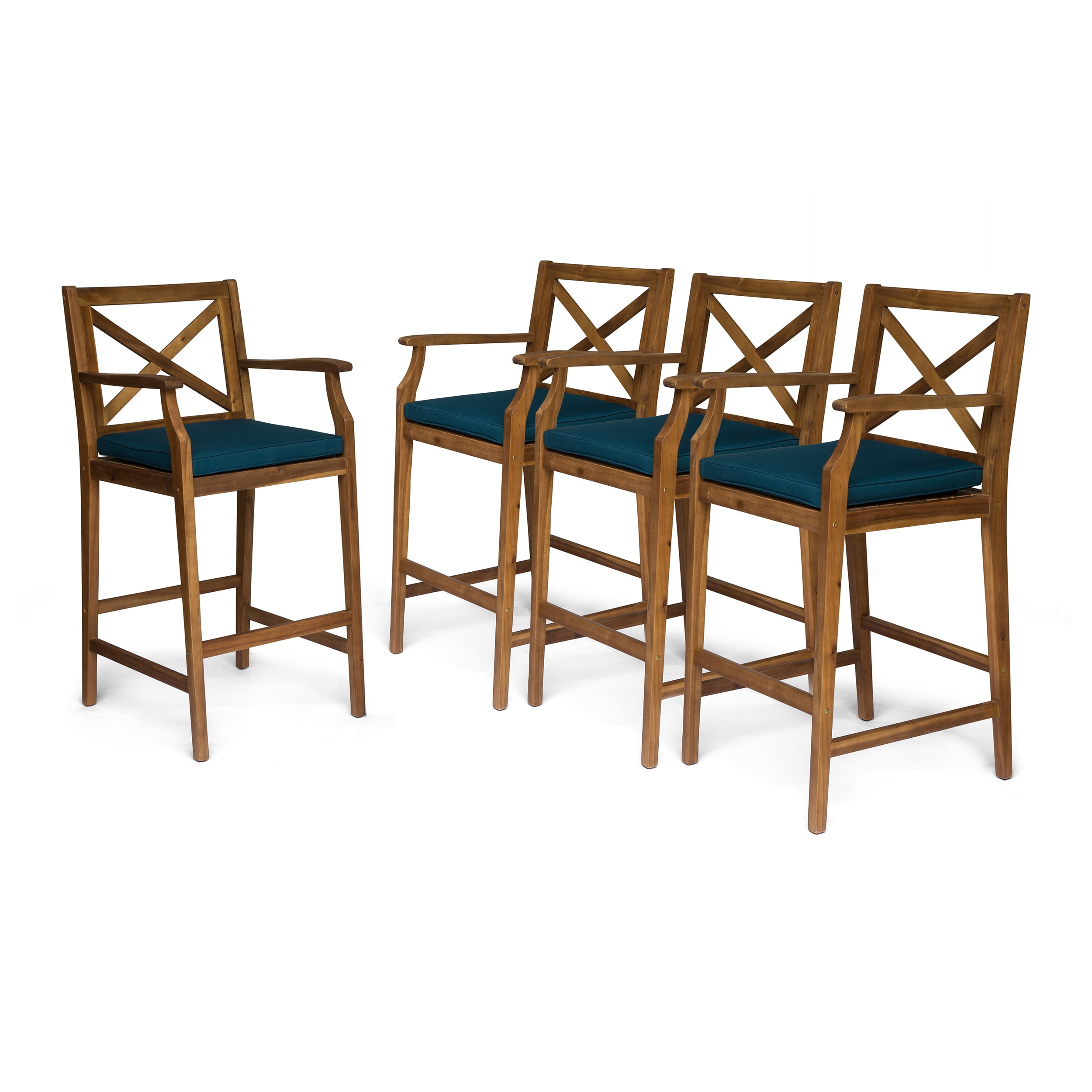 Salvatore Outdoor Acacia Wood Barstools, Teak Finish and Blue, Set of 4