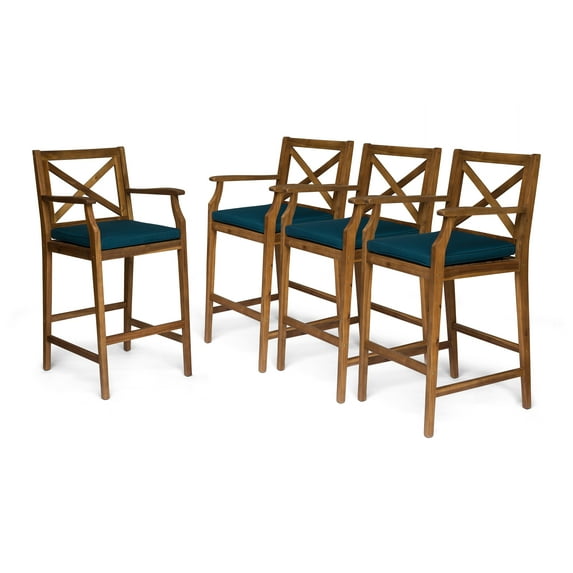 Salvatore Outdoor Acacia Wood Barstools, Teak Finish and Blue, Set of 4