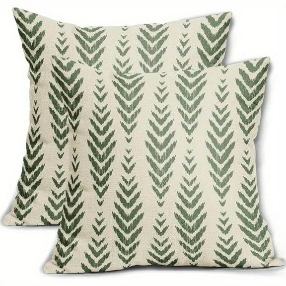 Salvia Officinalis Green Bohemian Geometric Fishbone Pattern Decoration Pillow Cover, 18X18 Inches One-Pair Package, Outdoor Square Linen Cushion Cover, Suitable for Sofa Bed