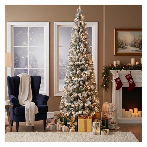 Salzburg 7.5ft Frosted Prelit Slim Artificial Christmas Tree with 1102 Branch Tips, 350 Warm Lights and Metal Stand, 34" Wide Realistic Snow Flocked Skinny Pencil Christmas Tree