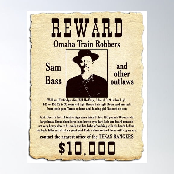 Sam Bass Gang Wanted Poster Poster Wall Art, Modern Wall Decor For Living Room Bedroom, 16x24 UNFRAMED