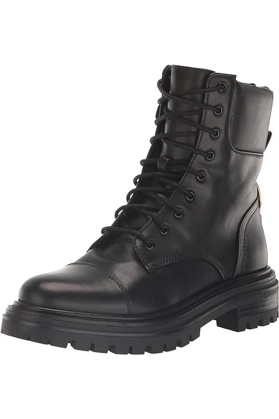 Aleia Black Leather Rounded Toe Lug Sole Lace Up Combat Ankle Boots (Black Leather, 5)