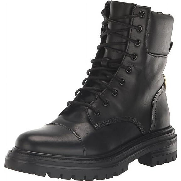 Sam Edelman Aleia Black Leather Rounded Toe Lug Sole Lace Up Combat Ankle Boots (Black Leather, 6.5)