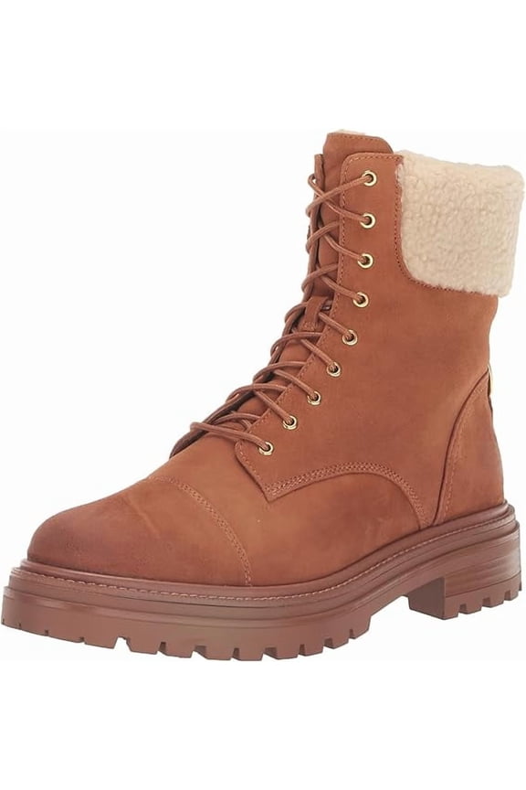 Aleia Saddle/Natural Rounded Toe Lug Sole Lace Up Combat Ankle Boots (Saddle/Natural, 6)