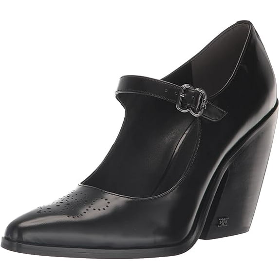 Sam Edelman Aleksa Black Leather Mary Jane Block Heeled Pointed Toe Pumps (Black Leather, 7.5)