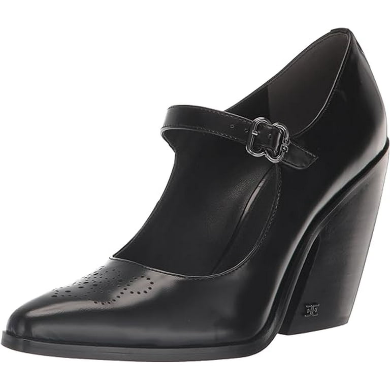 sam edelman leather dress Sam Edelman Aleksa Black Leather Mary Jane Block Heeled Pointed Toe Pumps  (Black Leather, 7.5)