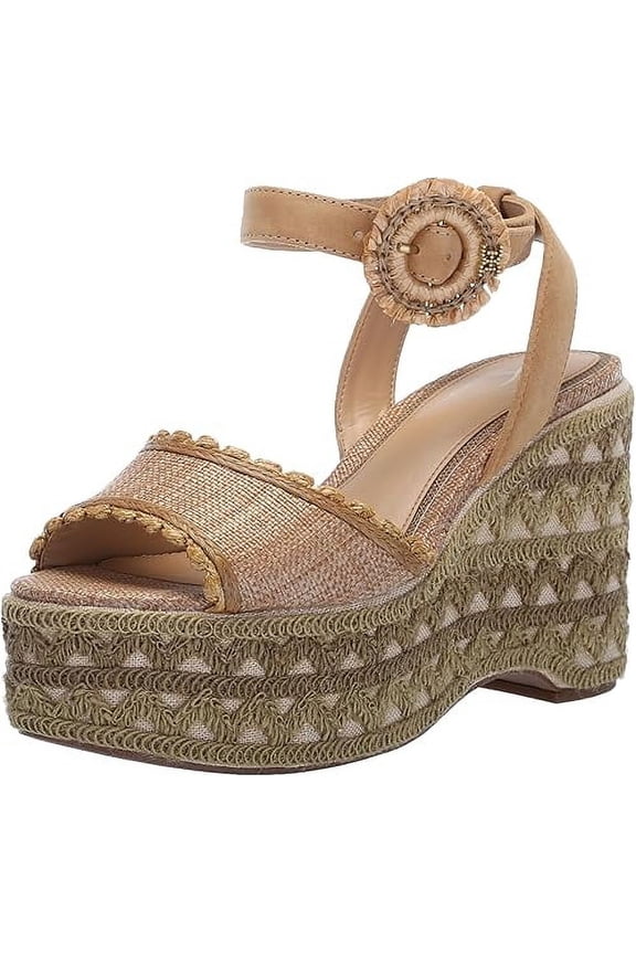 Amber Buff Tan Ankle Strap Open Toe Raffia Wedges Heeled Sandals (Buff Tan, 9.5)