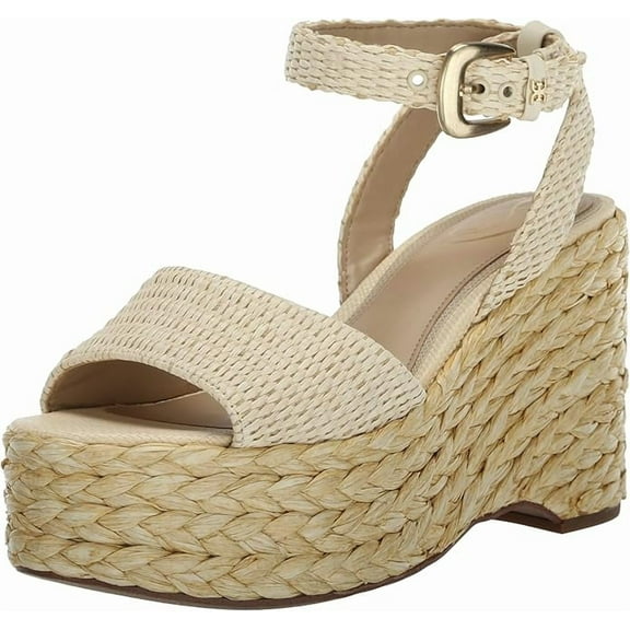 Sam Edelman April Linen Raffia Ankle Strap Open Toe Fashion Wedge Heeled Sandals (Linen Raffia, 9.5)