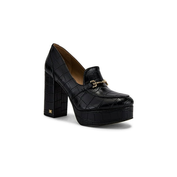 Sam Edelman Aretha Black Leather Block Heel Rounded Toe Slip On Fashion Pumps (Black Leather, 7.5)