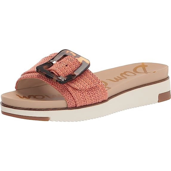 Sam Edelman Ariane Stucco Pink Open Toe Buckle Flat Leather Slides Wide Sandals (Stucco Pink, 6.5)