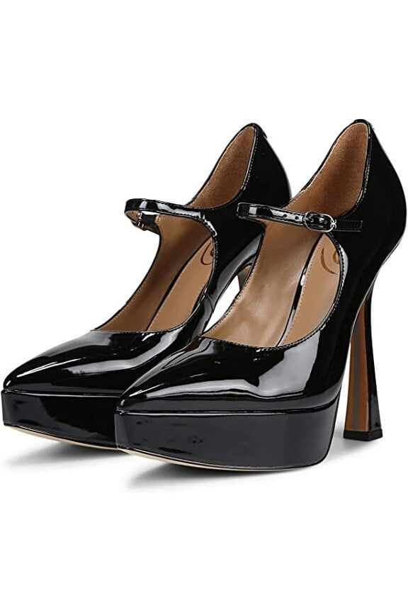Arie Black Patent Stiletto Heel Mary Jane Pointed Toe Fashion Pumps (Black Patent, 8.5)