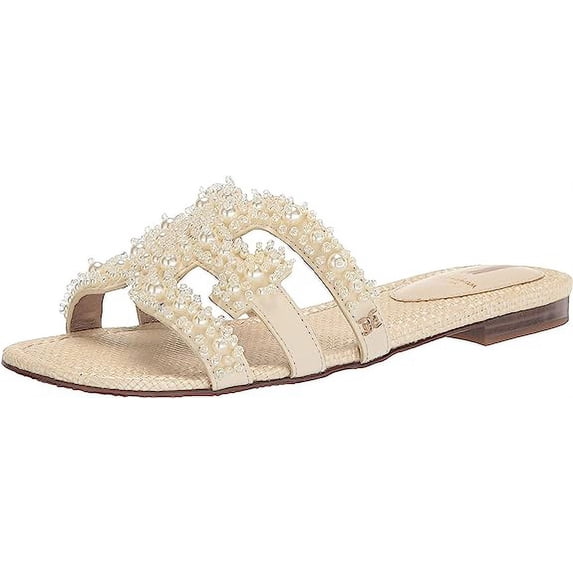 Sam Edelman Bay Modern Ivory Perla Slides Open Toe Slip On Leather Flats Sandals (Modern Ivory Perla, 10.5)
