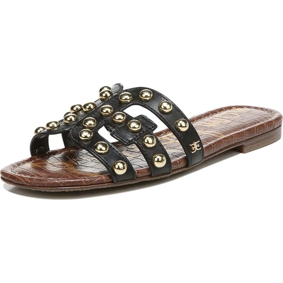 Sam Edelman Bay14 Flat Black Leather Strap Embellished Slide Sandal (Black Leather Stud, 6.5)