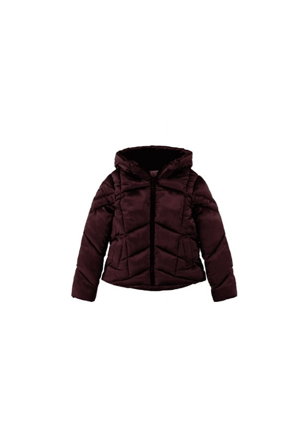 Big Girls Crystal Satin Puffer Jacket - Burgundy